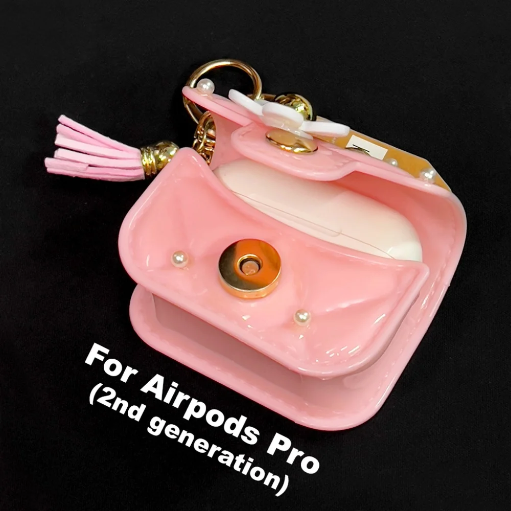 Black Airpod Pro 2nd Generation Case Wristlet Keychain Pearl Leather Lipstick